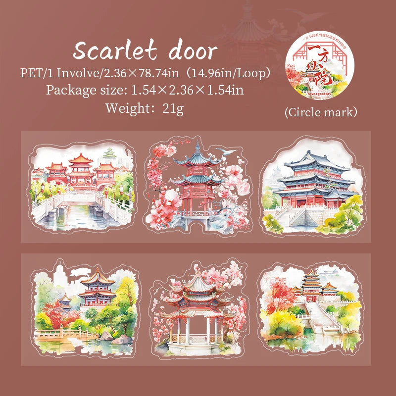 JIANQI 60mm*2m Chinese style courtyard PET Tapes Creativity Hand Account Adhesive hand made Diy Junk Journal Scrapbook Supplies