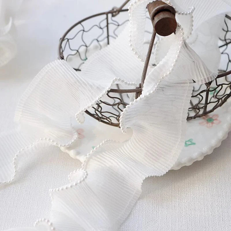 1 Yard White Black Embroidered Flower Pearl Bead Lace Fabric Ribbon Wedding Dress Collar DIY Trimming Sewing Applique Crafts