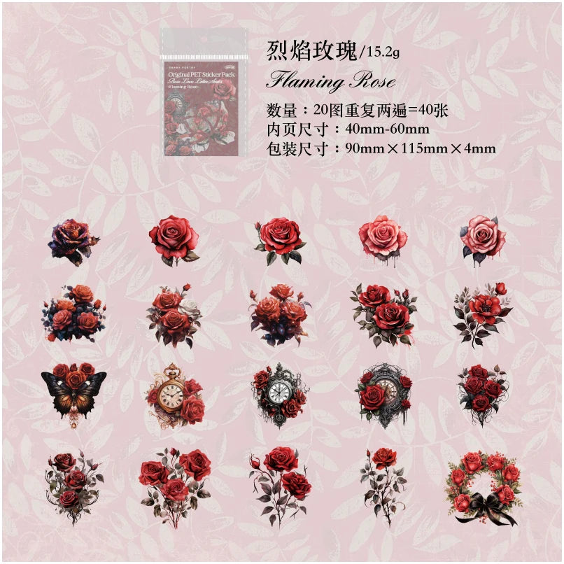 40 Pcs PET Multiple Roses Patterns Stickers Transparent Deco Decals For Scrapbooking Stick Labels Junk Journal Supplies