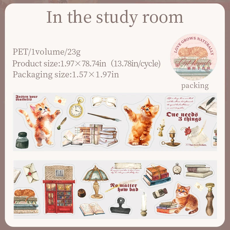 JIANQI 50mm*2m PET Tapes Cute Cat DIY Scrapbooking Decor Photo Album Collage Junk Journal Materials Aesthetics Tapes