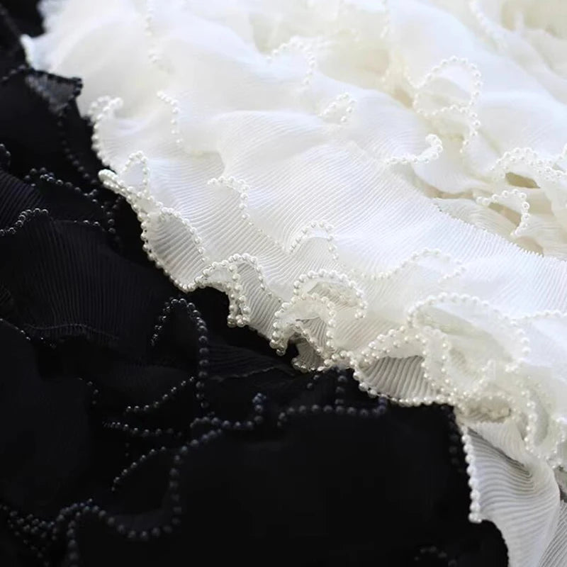 1 Yard Embroidery Lace Fabric White Black Flower Pearl Beads Trim Ribbon DIY Clothing Home Elastic Sewing Ruffle Applique Craft