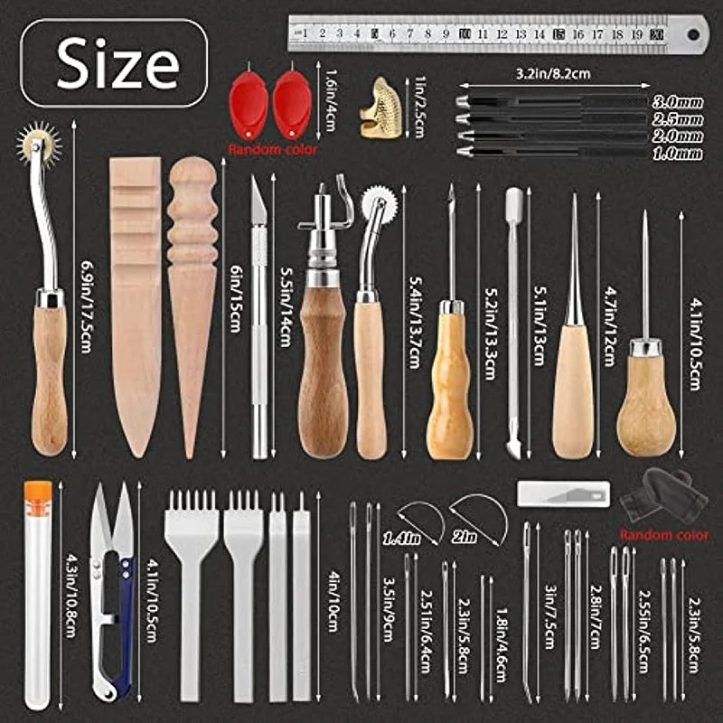 52Pcs/set Leather Sewing Tools Kit DIY Leather Craft Tools Hand Stitching Tool Set with Groover Awl Waxed Thread Thimble