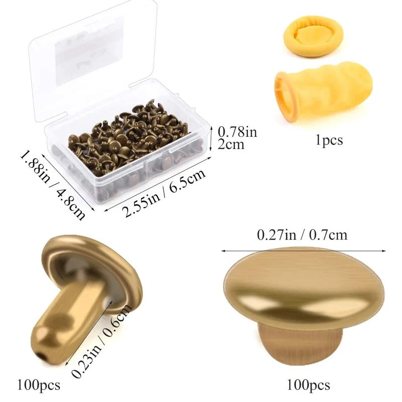 100Set/Box Leather Rivet Studs Double Cap Metal Rivets with Plastic Box Finger Cot for Leather Crafts Repairs Decoration