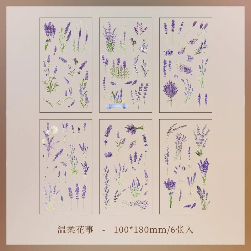 JIANQI 6pcs/pack Transparent PET Stickers Scrapbooking Materials DIY Junk Journal Collage Floral Leaves Plants Decor Stickers