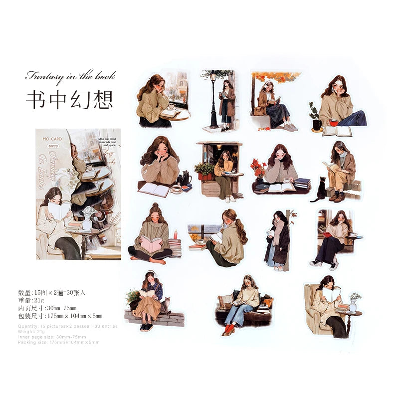JIANQI 30 pcs/pack Reading girl Stickers aesthetic Stick Labels Decorative Diary Album material Scrapbooking Supplies