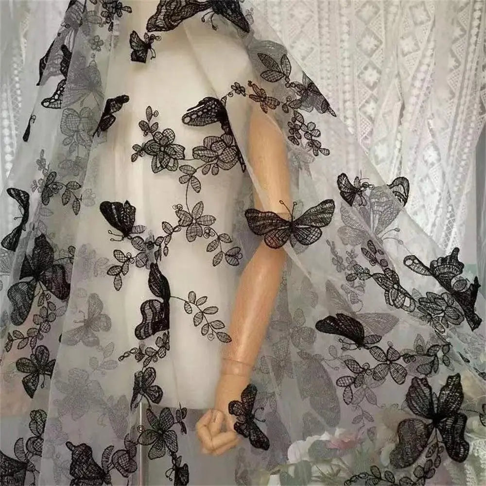 1 Yard Black and White Butterfly Flower Embroidery Lace Chiffon Fabric Clothing Wedding Dress DIY Craft Decoration 150CM
