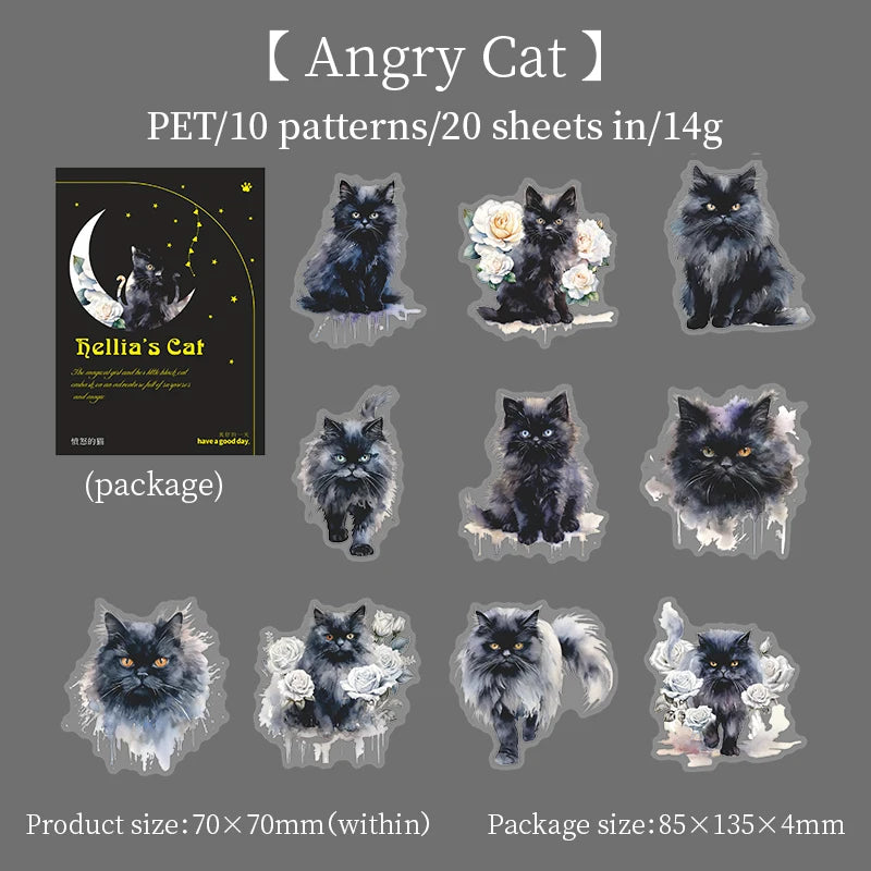 JIANQI 20pcs/pack black Cat PET Stickers Decor Junk Journal DIY Srapbook Supplies Collage Stationery Cute Sticker