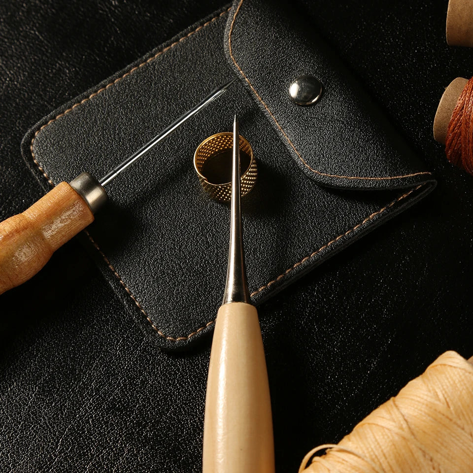 1Pc Complete Awl Set Small Size Wooden Handle Metal Tip Leather Stitching Awls for Home Sewing Leather Making and Hole Punching