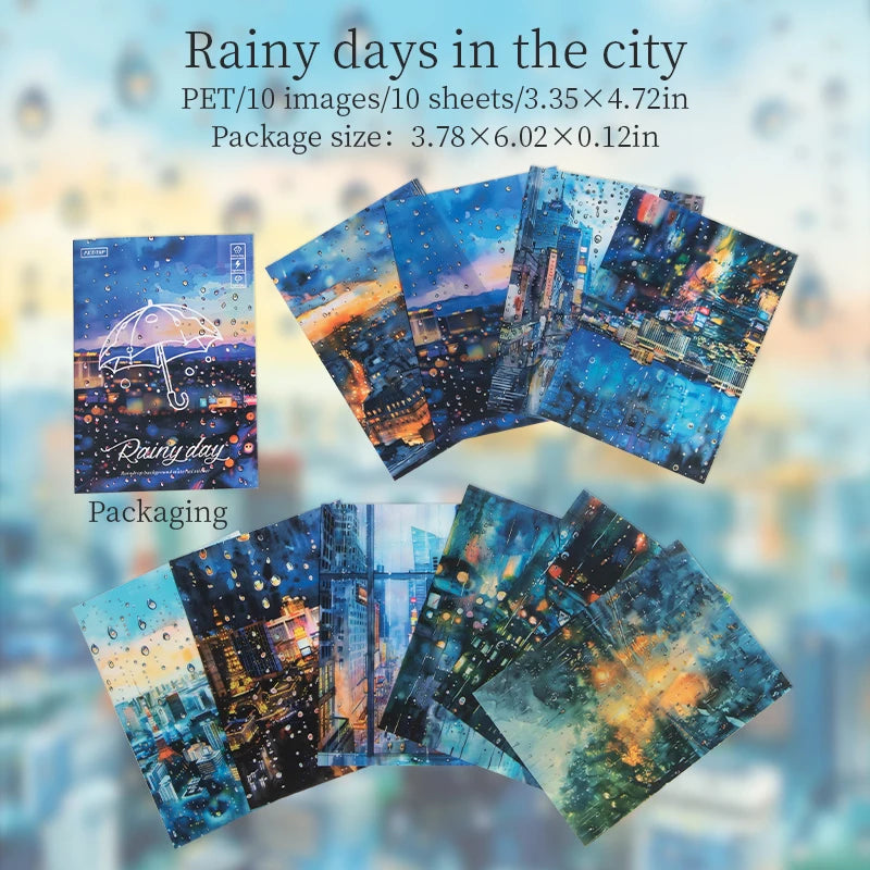 JIANQI 10pcs/pack Rainy season landscape PET Stickers Junk Journal Creative Stationery DIY Deco Stickers Scrapbooking Supplies