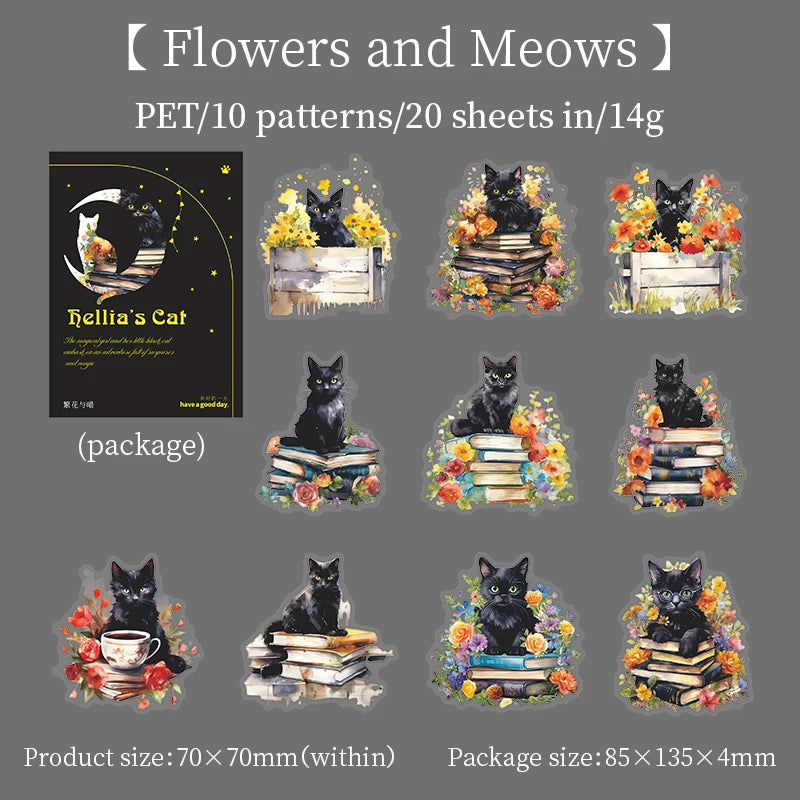 JIANQI 20pcs/pack black Cat PET Stickers Decor Junk Journal DIY Srapbook Supplies Collage Stationery Cute Sticker