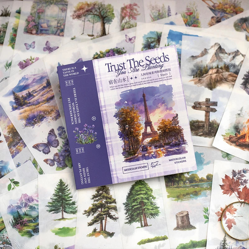 JIANQI 50pcs/book Light Retro Floral Plant Stickers Beautiful scenery Theme Double Material Handbook Backing Decal Stationery