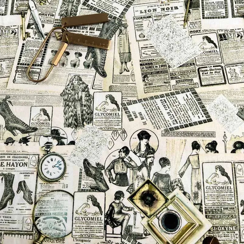 Newspaper Fabric Map Retro Vintage Digital Printed for Handmade DIY Sewing Accessories