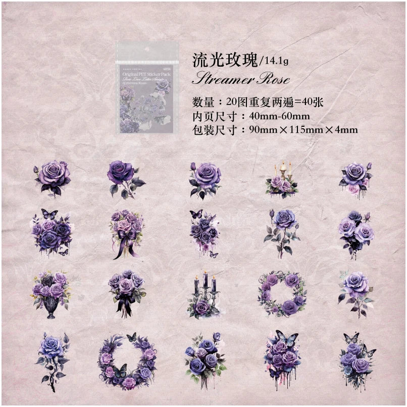 40 Pcs PET Multiple Roses Patterns Stickers Transparent Deco Decals For Scrapbooking Stick Labels Junk Journal Supplies