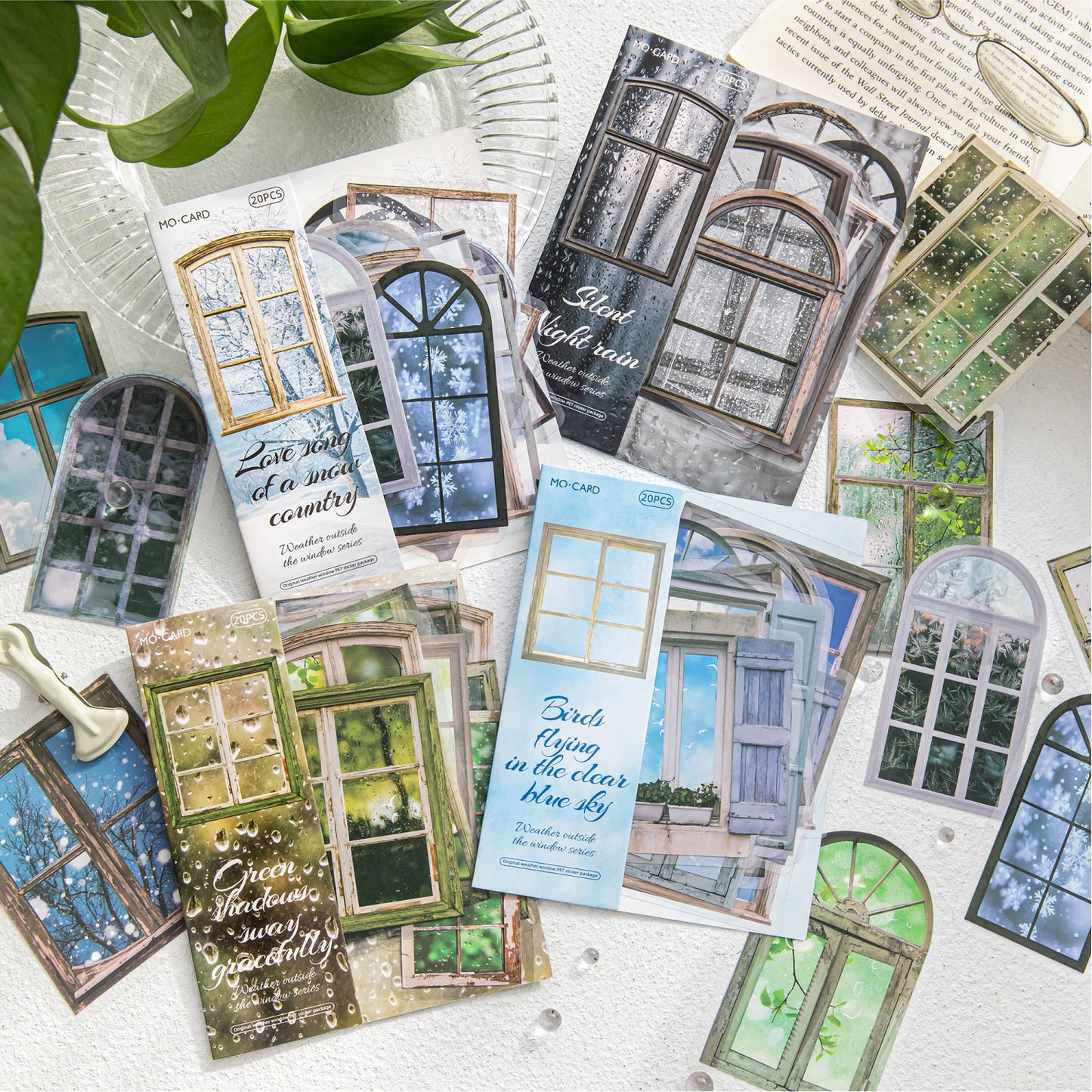 JIANQI 20pcs/pack Window Landscape Stickers Decor Junk Journal DIY Srapbooking Collage Stationery PET Scrapbook supplies