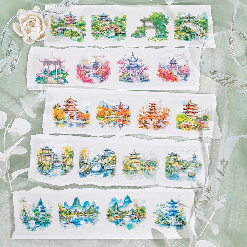 JIANQI 60mm*2m Chinese style courtyard PET Tapes Creativity Hand Account Adhesive hand made Diy Junk Journal Scrapbook Supplies