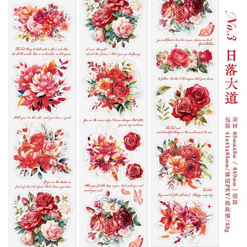 JIANQI 65mm*3m Flowers Tapes Waterproof PET Aesthetic Stationery DIY Scrapbooking Collage Junk Journal Craft Decor Tapes