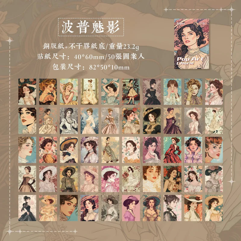 JIANQI 50pcs Ins Style Retro girl Series Frame Sticker Creative Mini Pocket Decoration DIY Material Stickers