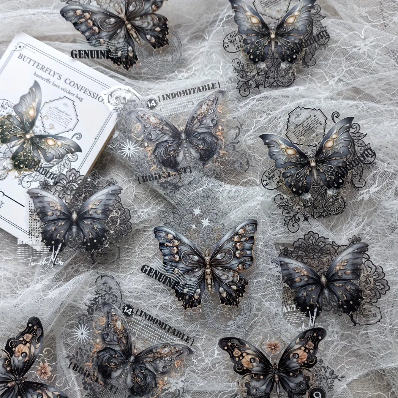 10 Pcs Vintage Butterfly Lace Stickers PET Material Creative DIY Journal Collage Journaling Supplies Scrapbooking Stickers