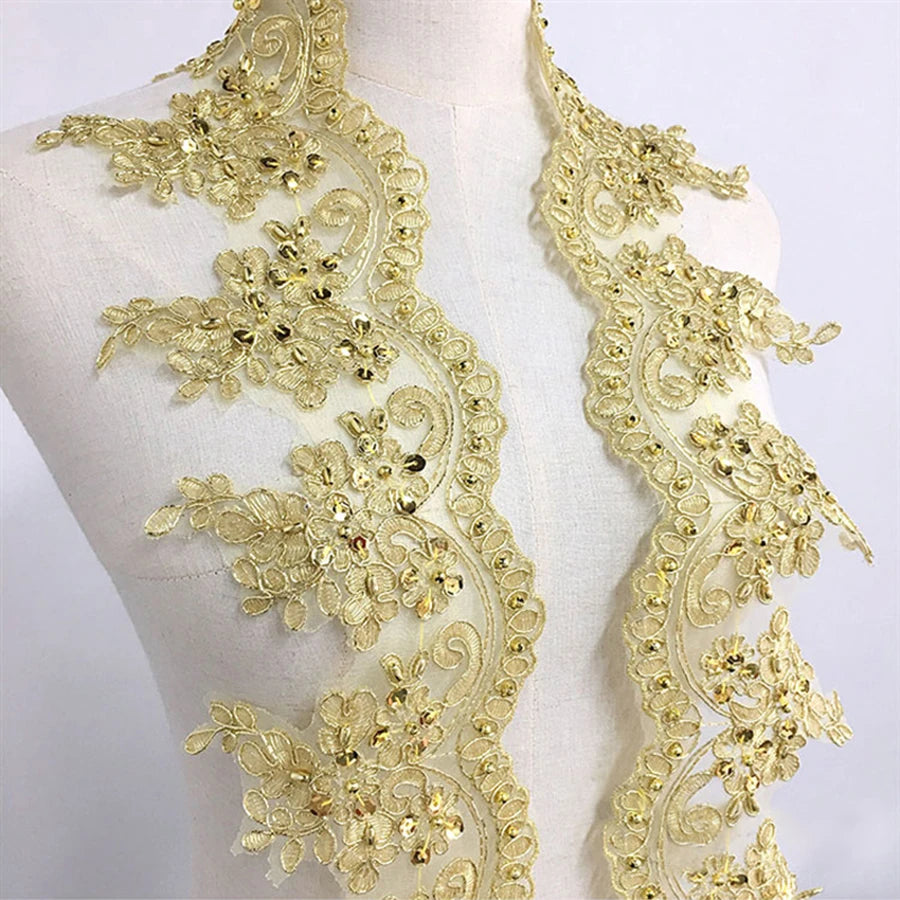 1Yard Gold Lace Embroidery Fabric Dress With Sequin Border DIY Clothing Accessories 12cm Wide