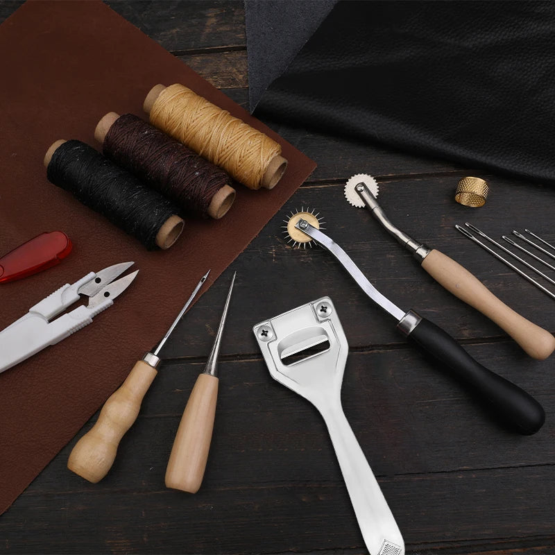 Leather Working Kit Different Leather Craft Tool with Sewing Needle Stitching Groover Awl Metal Button Snaps for Leather Making