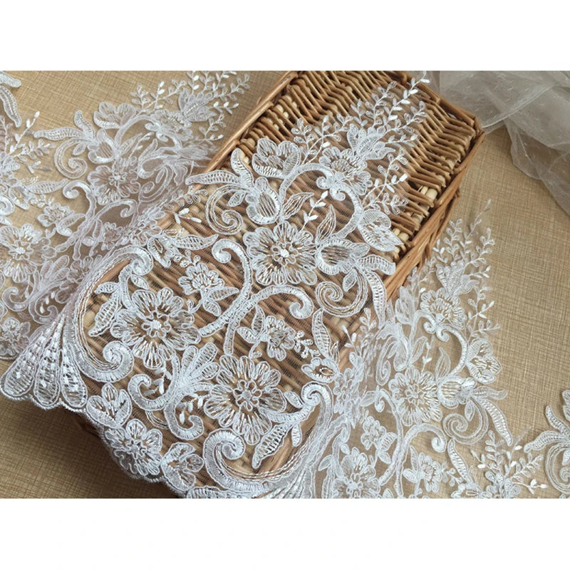 1 Yard White Wedding Dress DIY Material Curtain Handmade Embroidery Lace Dress Lace Fabric 28CM Wide