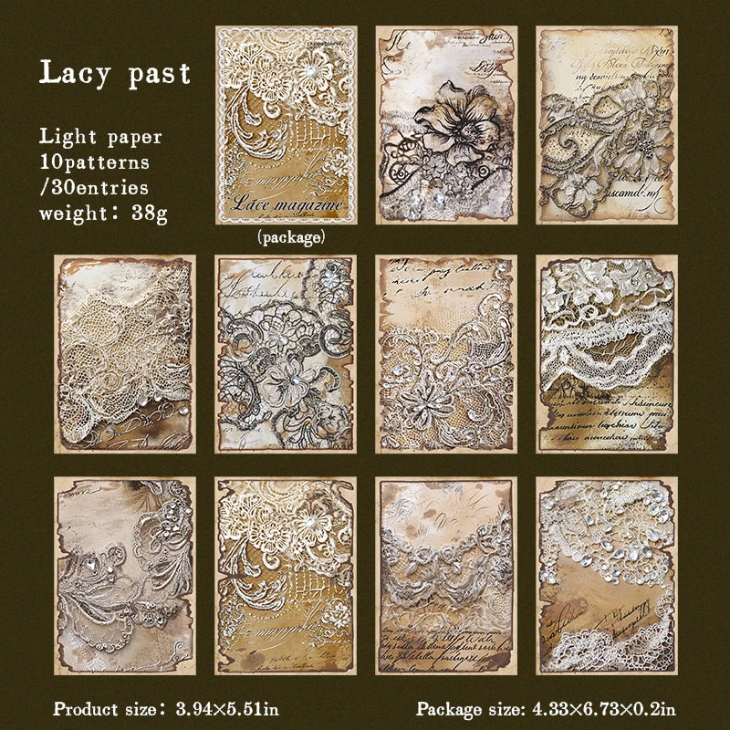 30pcs Vintage Art paper Materials Lace paper Scrapbook Materials DIY Photo Album Collage Journal Creative Stationery paper