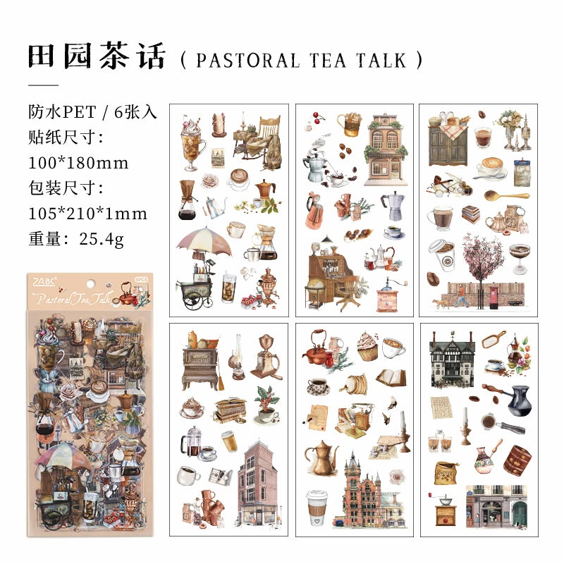 JIANQI 6pcs Literary Retro Stickers PET Materials DIY Scrapbooking Art Collage Stationery Planner Decor Diary Stickers
