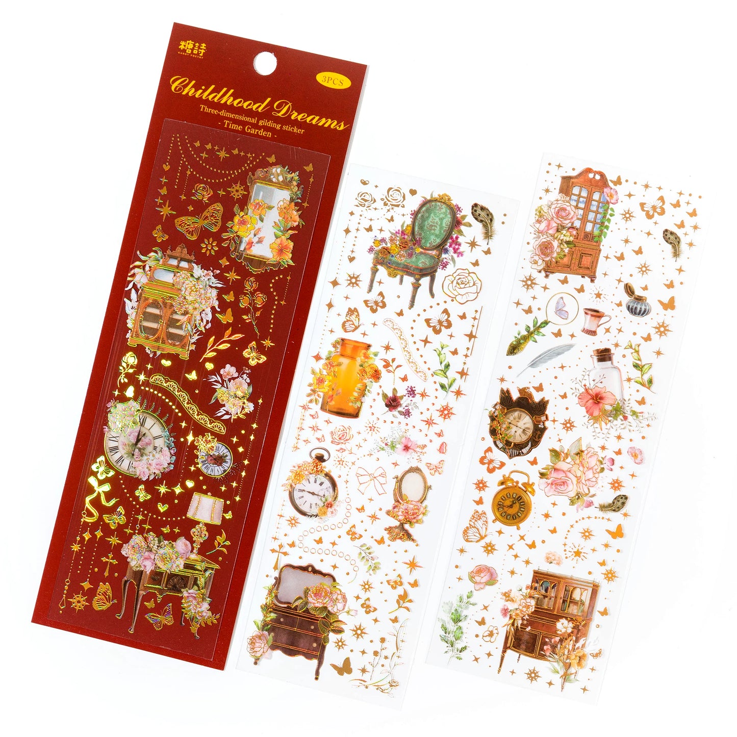 JIANQI 3pcs Gold stamping retro PET Stickers DIY Scrapbooking Decor Photo Album Creative Stationery Collage Materials Stickers