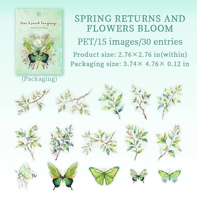 30pcs Butterfly branches leaves stickers PET Materials Collage Junk Journal DIY Scrapbooking Supplies Aesthetics Decor Sticker