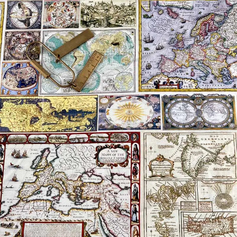 Newspaper Fabric Map Retro Vintage Digital Printed for Handmade DIY Sewing Accessories