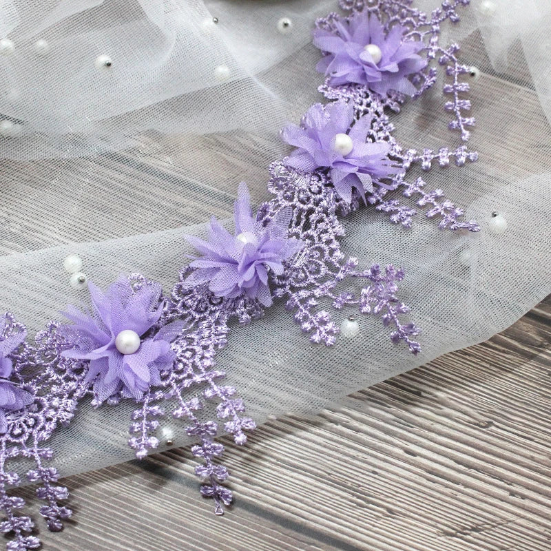 1 Yard Multi-Color Exquisite Rose Lace Fabrics Flower Pearl Wedding Party Decoration Sewing Lace Ribbon DIY Craft 8.5CM Wide