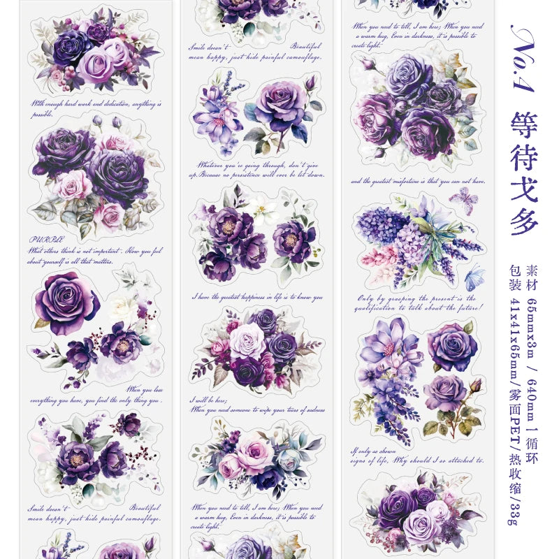 JIANQI 65mm*3m Flowers Tapes Waterproof PET Aesthetic Stationery DIY Scrapbooking Collage Junk Journal Craft Decor Tapes