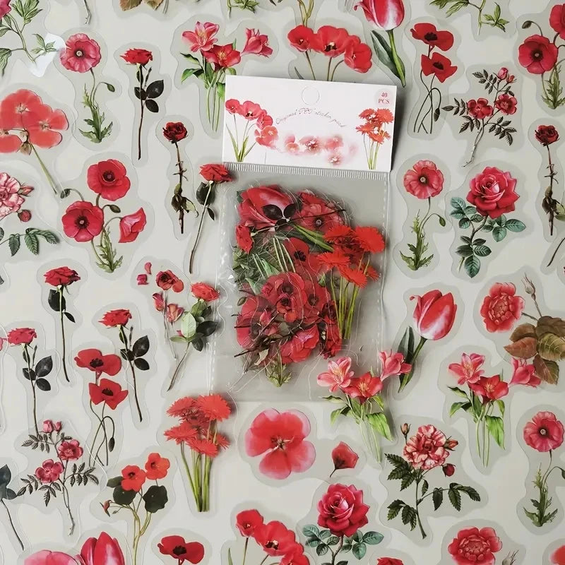 JIANQI 40Pcs Natural plants Flower Stickers DIY scrapbook PET Material Handbook Water Cup Plant Transparent Sticker