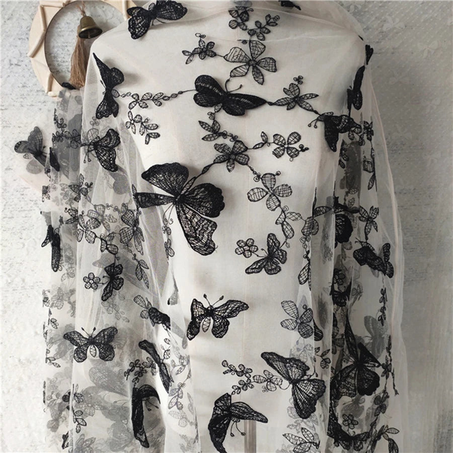 1 Yard Black and White Butterfly Flower Embroidery Lace Chiffon Fabric Clothing Wedding Dress DIY Craft Decoration 150CM