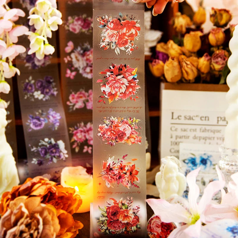 JIANQI 65mm*3m Flowers Tapes Waterproof PET Aesthetic Stationery DIY Scrapbooking Collage Junk Journal Craft Decor Tapes