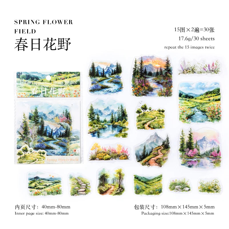 JIANQI 30 pcs/lot Beautiful scenery PET waterproof sticker Pack Retro Art decorative hand tent collage Scrapbooking supplies
