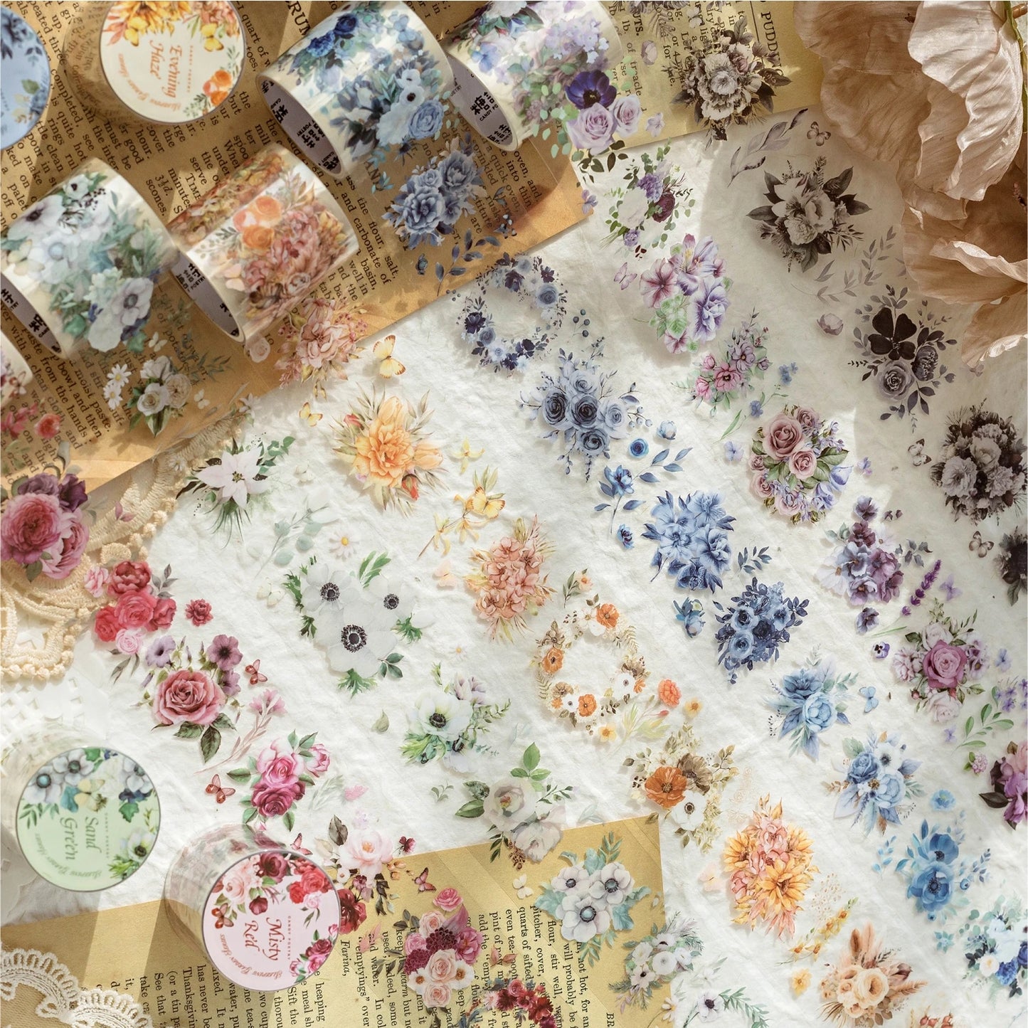 JIANQI 40mm*2m PET Flower Tape for Diary Scrapbooking DIY Deco Junk Journal Creative Stationery School Supplies Masking Tapes
