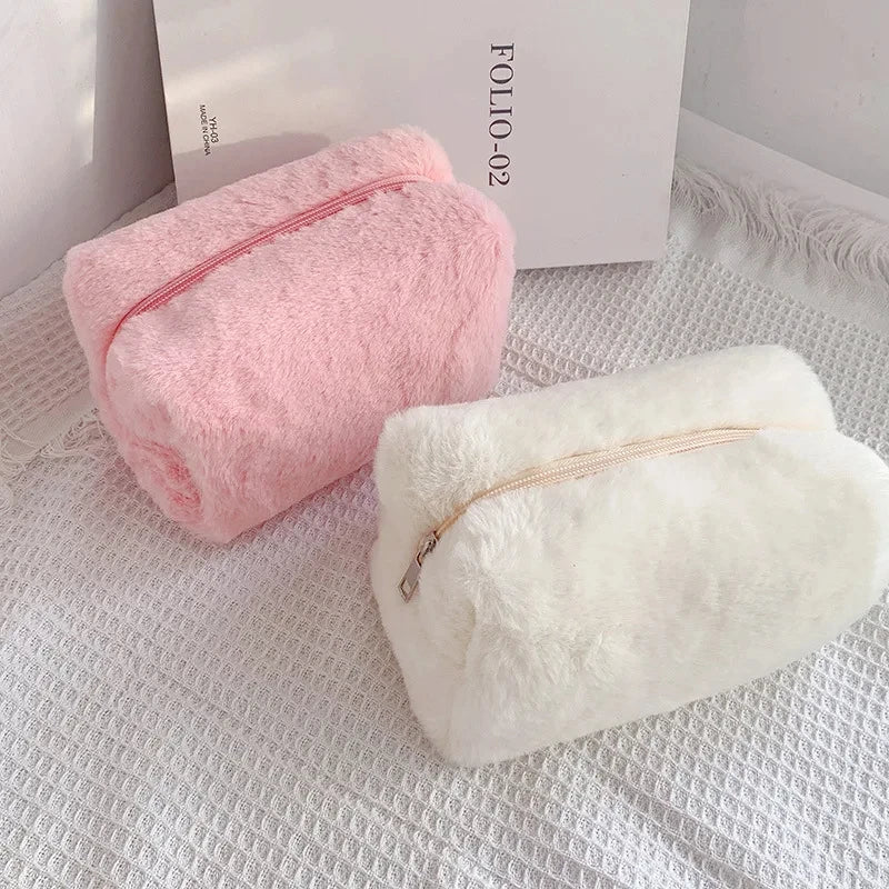 Zipper Large Solid Color Cosmetic Bag Cute Fur Makeup Bag for Women Travel Make Up Toiletry Bag Washing Pouch Plush Pen Pouch