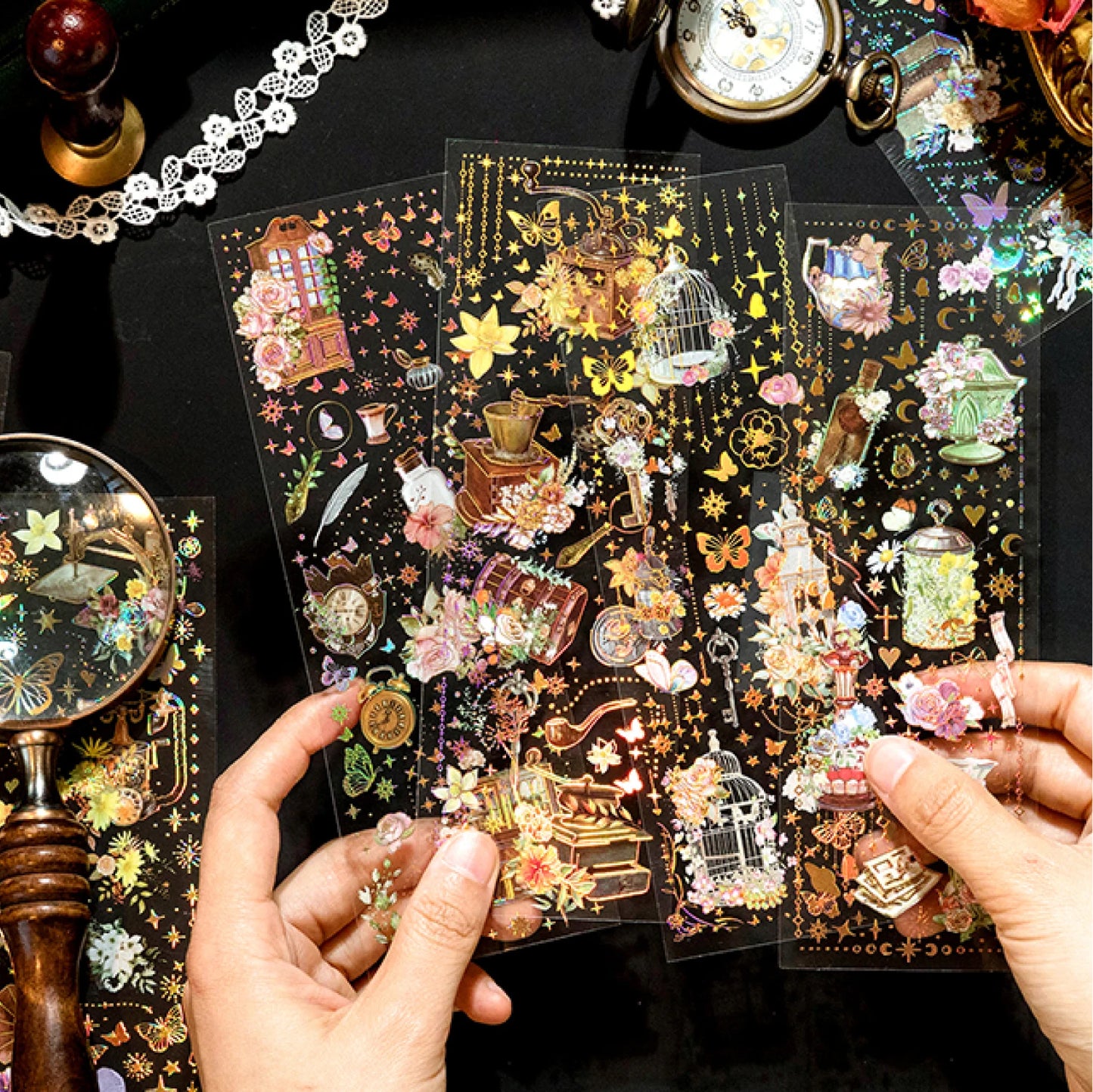 JIANQI 3pcs Gold stamping retro PET Stickers DIY Scrapbooking Decor Photo Album Creative Stationery Collage Materials Stickers