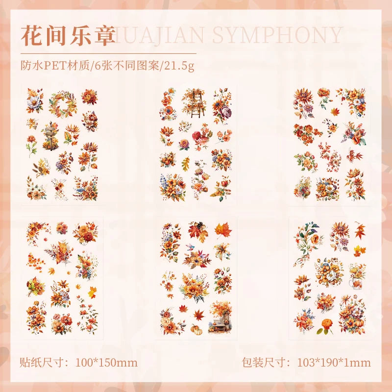 JIANQI 6 Sheets Flowers Stickers Die cutting PET Material DIY Scrapbooking Art Collage Stationery Planner Decor Diary Stickers