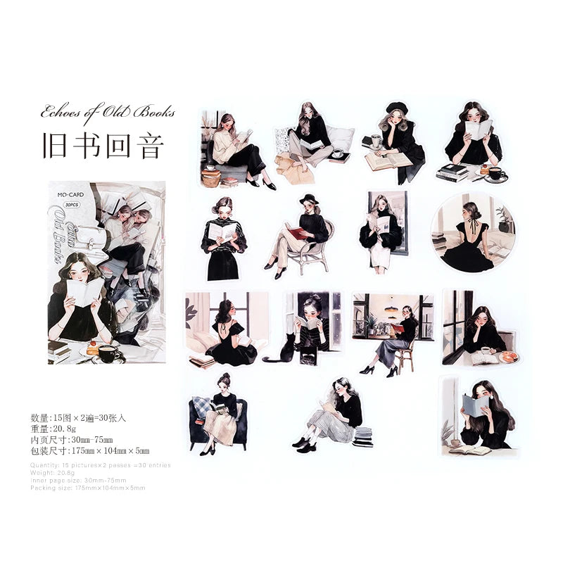 JIANQI 30 pcs/pack Reading girl Stickers aesthetic Stick Labels Decorative Diary Album material Scrapbooking Supplies