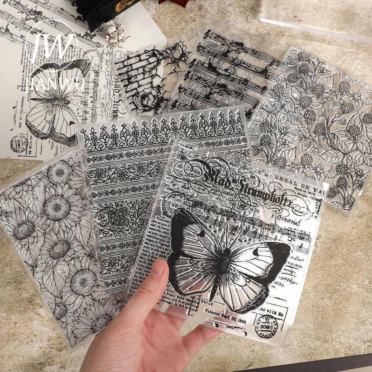 JIANWU Vintage Sunflower Plant Butterfly Landscape Material Collage Transparent Silicone Stamp Creative DIY Journal Stationery