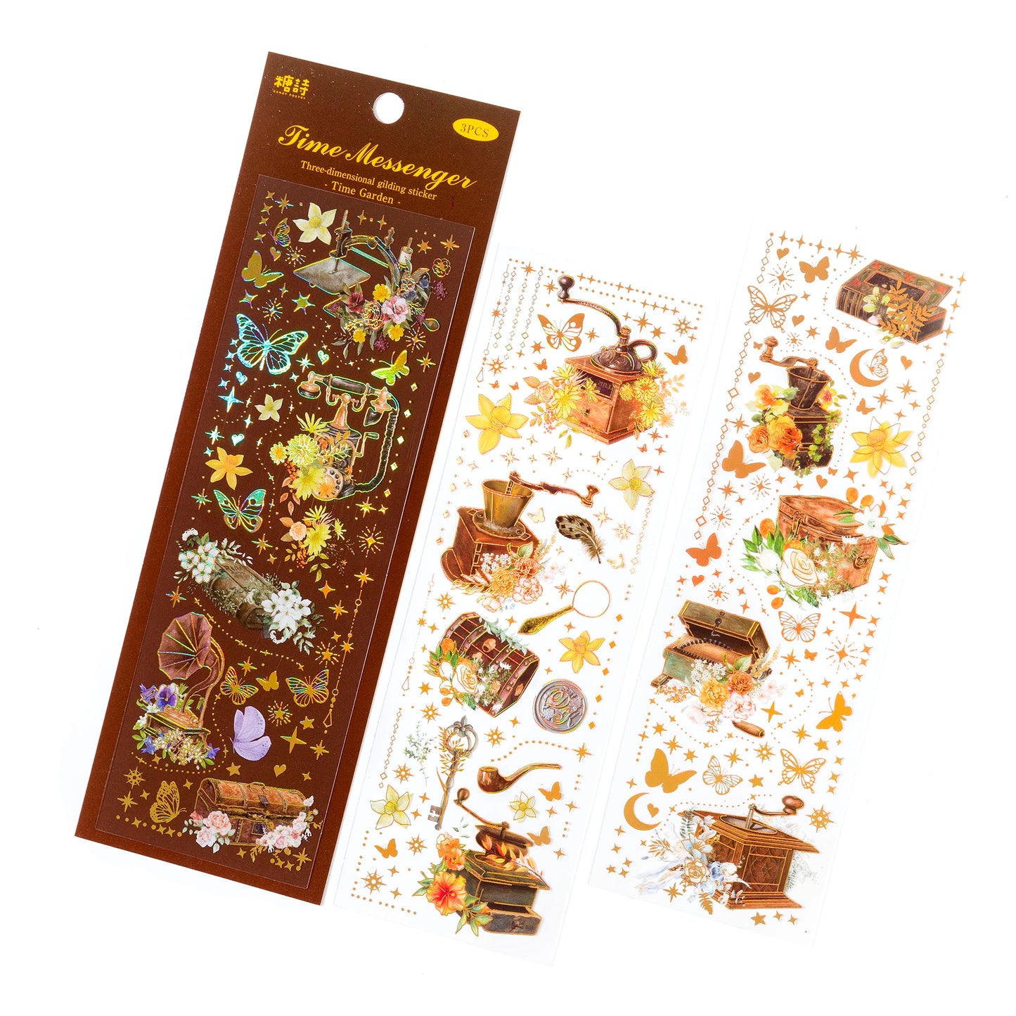 JIANQI 3pcs Gold stamping retro PET Stickers DIY Scrapbooking Decor Photo Album Creative Stationery Collage Materials Stickers