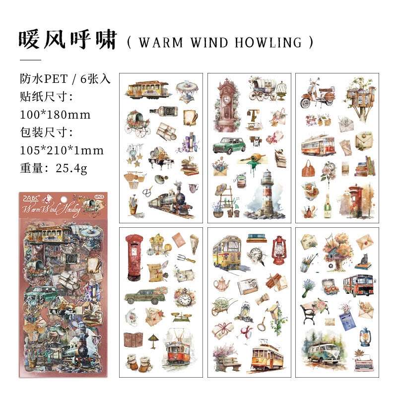 JIANQI 6pcs Literary Retro Stickers PET Materials DIY Scrapbooking Art Collage Stationery Planner Decor Diary Stickers