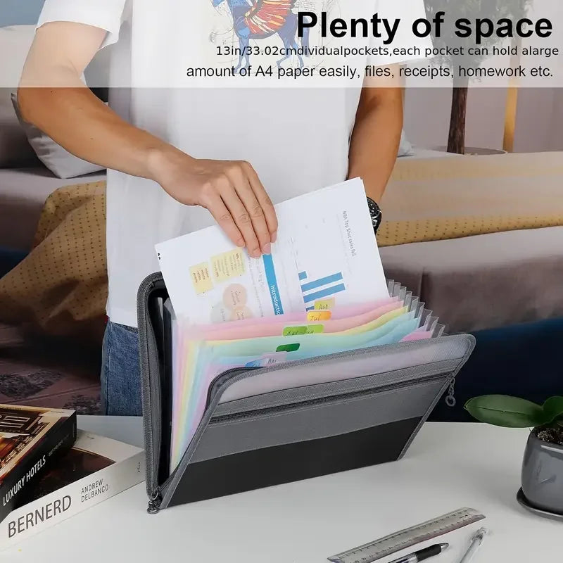 13 Pocket Accordion File Organizer with Safe Zipper Front Pencil Pouch for School Office Supplies Expanding Folder