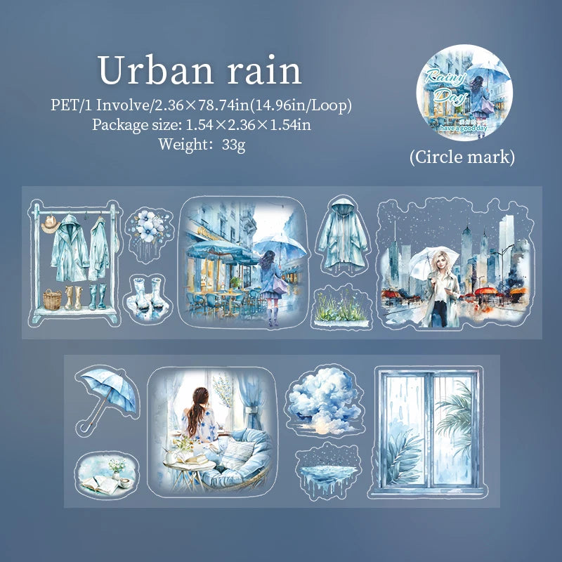 JIANQI 60mm*2m Transparent PET Rainy days Tapes DIY Scrapbook Decor Photo Album Collage Journalling Materials Aesthetics Sticker