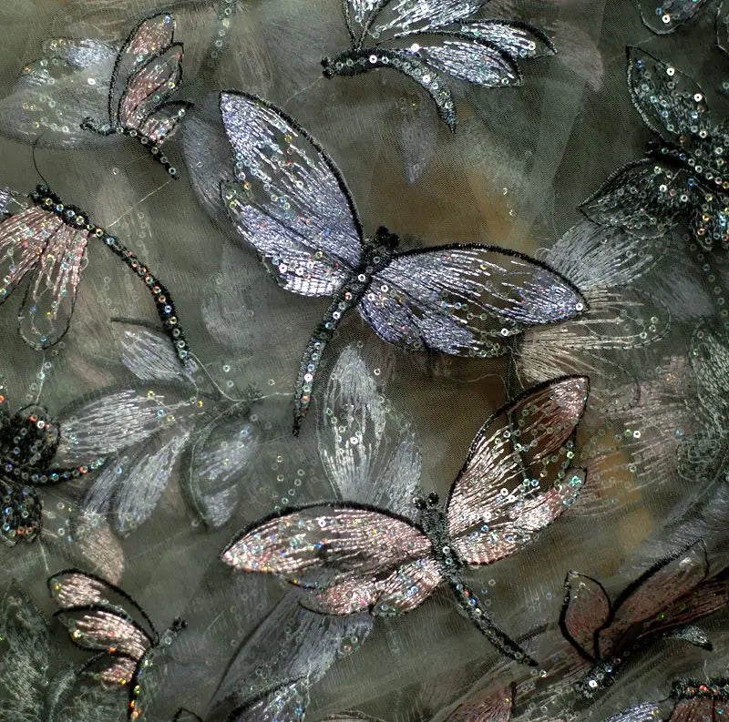 1 Yard Sequins Embroidered Butterfly Dragonfly Lace Fabric for Dress,Diy Tissue Patchwork Sewing Material 150CM Wide