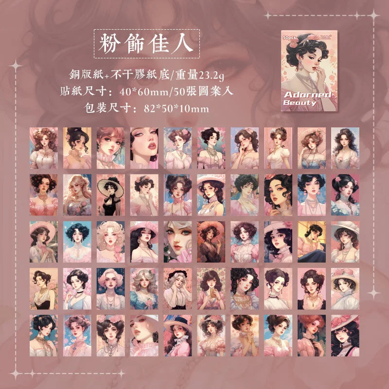 JIANQI 50pcs Ins Style Retro girl Series Frame Sticker Creative Mini Pocket Decoration DIY Material Stickers