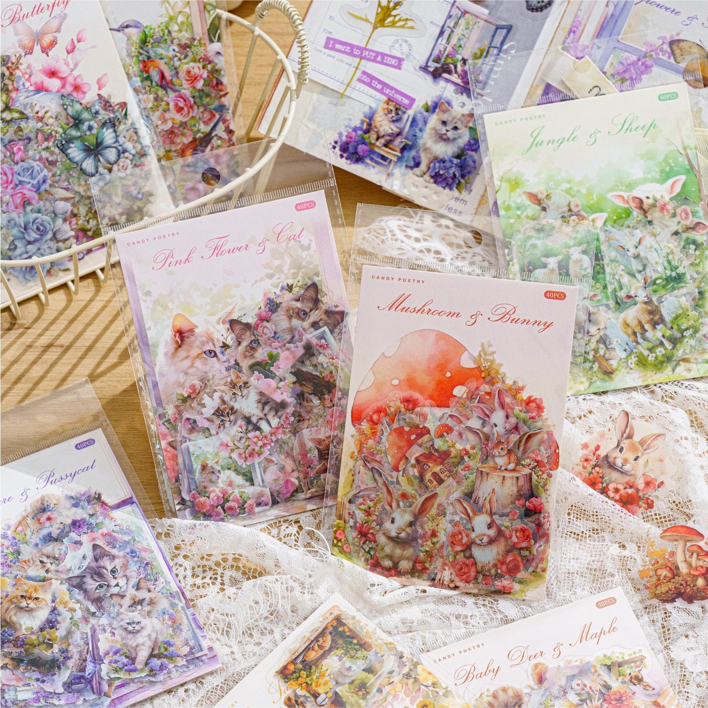 JIANQI 40 pcs Cute Style Cats animals Stickers aesthetic Decorative Diary Album Stationery Stick Labels Junk Journal Supplies