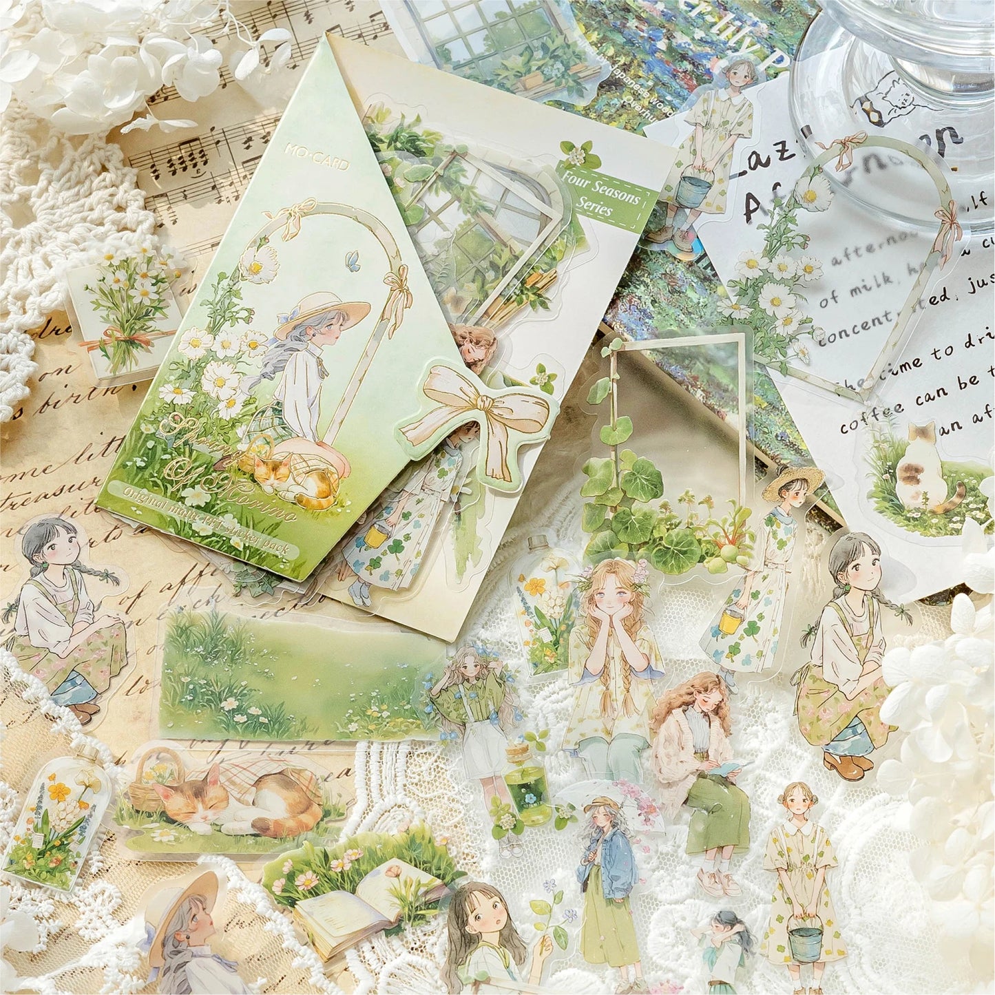 JIANQI 40pcs Four Seasons Girls Stickers Aesthetic Landscape Decor Scrapbook Diary Album Collage material junk journal supplies